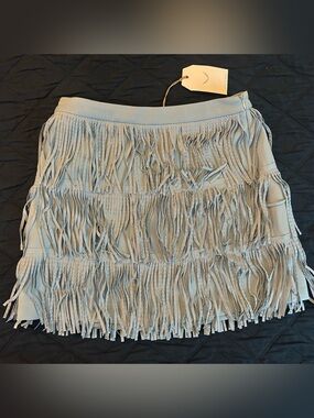Free the Roses Light Light Dusty Blue Fringed Mini Skirt - NWT